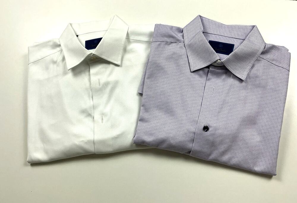 Lot of 2 David Donahue Dress Shirts White & Purple Check 17.5 34/35 Regular Fit